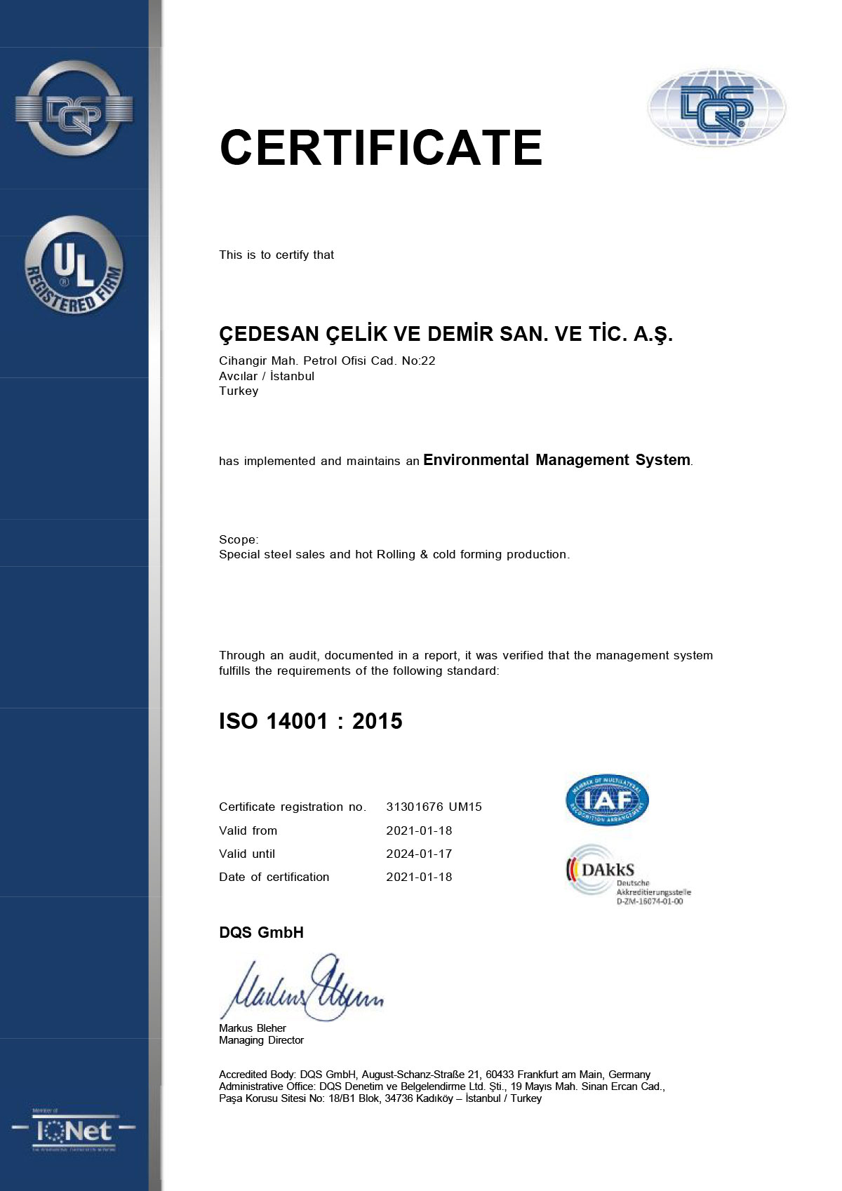 Çedesan ISO 14001 Certificate