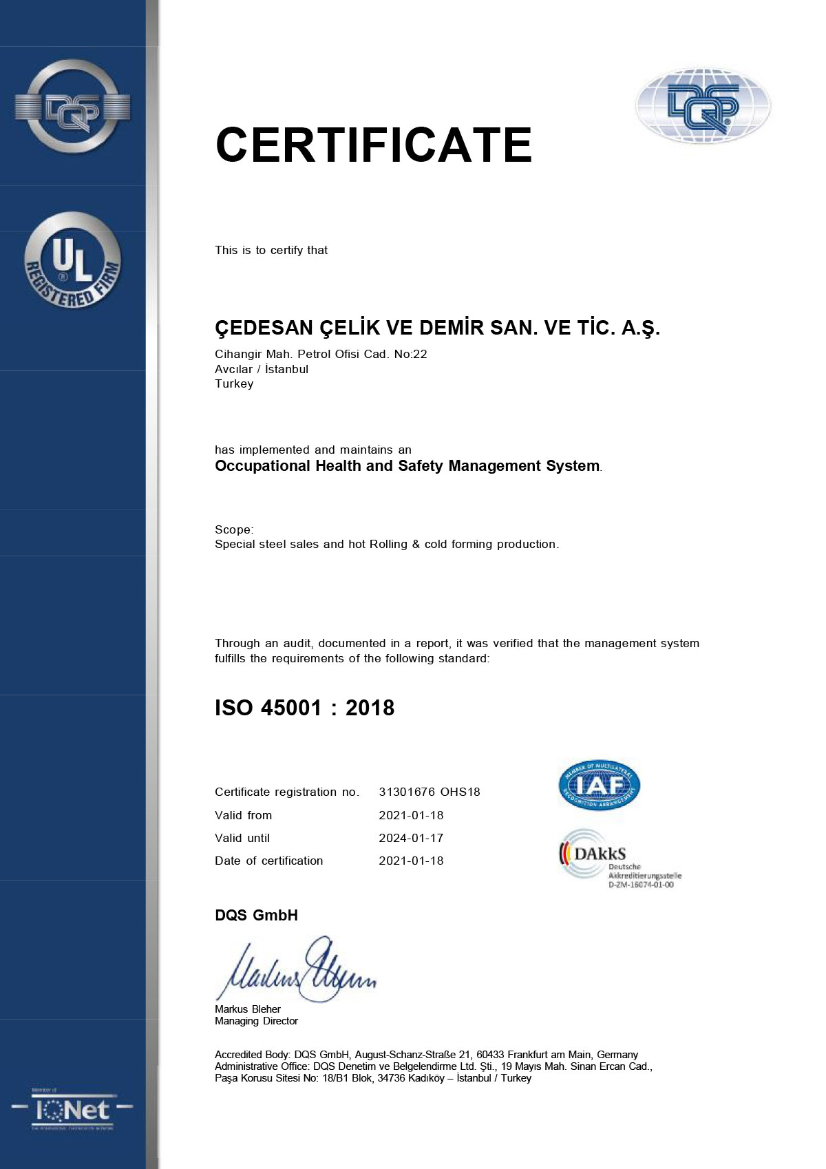 Çedesan ISO 45001 Certificate